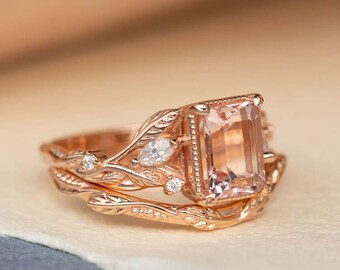 READY TO SHIP,Sizes 6-8Us, Emerald cut Morganite and Diamonds Engagement Ring Set with Gold Leaves, Rose Gold Nature inspired Ring for Bride