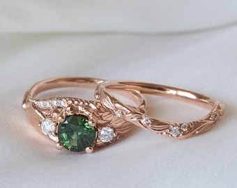 Natural Green Sapphire Wedding Ring Set for Women Delicate Gold and Diamonds Leaves Branch, Forest Wedding Nature inspired Elvish Rings