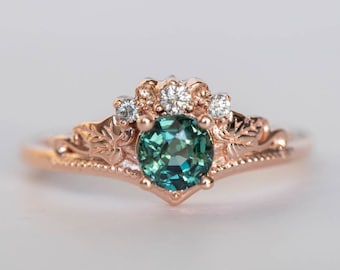 Genuine Teal Sapphire Ring with Tiny Diamonds & Gold Ivy Leaves, Nature inspired Fantasy Engagement Ring, Teal Sapphire ring 14K or 18K Gold