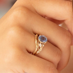 Bague de fiançailles saphir bleu clair 1,5 carat, bague de mariée feuilles brindilles en or sertie de diamants marquise, bagues empilables inspirées de la nature