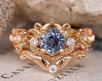 Genuine light Purple Sapphire Rings with Flowers & Diamonds, Nature inspired Alternative Engagement Ring Set, Fairy Bride Ring 14K 18K Gold