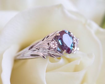 Alexandrite engagement ring, white gold leaf ring, diamond branch ring, leaves ring, colour change, nature ring, alexandrite diamond ring