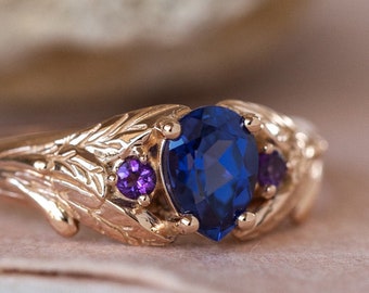 READY TO SHIP, Sizes 7-9Us, Lab Blue Sapphire and Natural Amethyst Engagement Ring, Nature Inspired Ring, Rose Gold Leaves Engagement Ring