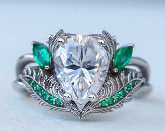 READY TO SHIP, Sizes 4.25-6.25Us, Moissanite and Emeralds Engagement Ring, Nature Inspired Engagement Ring, Ethical Diamond Engagement Ring