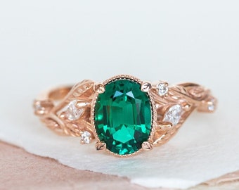 Rose Gold Twig Engagement Ring with lab Emerald and accents Diamonds, Nature inspired Ring for Bride, Rose Gold Ring 14k or 18k Gold