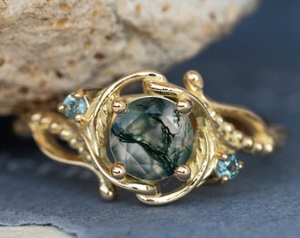 Moss Agate Engagement Ring, Accent Teal Sapphire In Yellow Gold engagement ring, Nature Inspired Gold Twig and Leaves Ring with Moss Agate