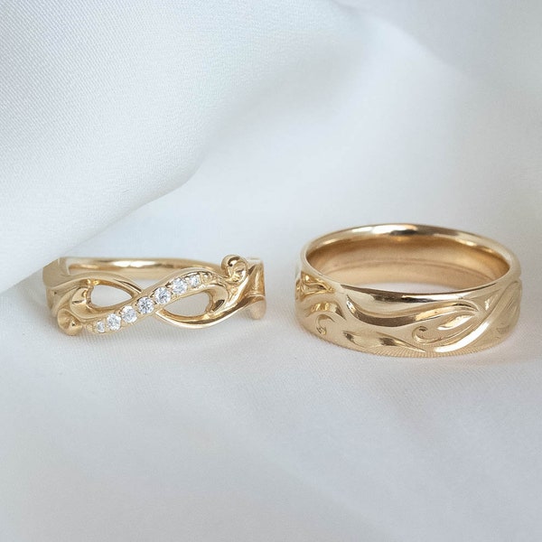 Infinity Symbol Love Rings couple, 6mm Wedding Band for Him and Infinity Ring with Diamonds for Her, Unique Wedding ring set His and Hers