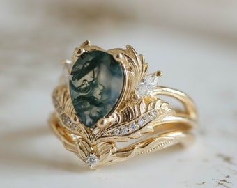 Pear shaped Engagement Ring Set with Natural Moss Agate and Diamonds, Alternative Botanical Engagement inspired by nature, Two ring set