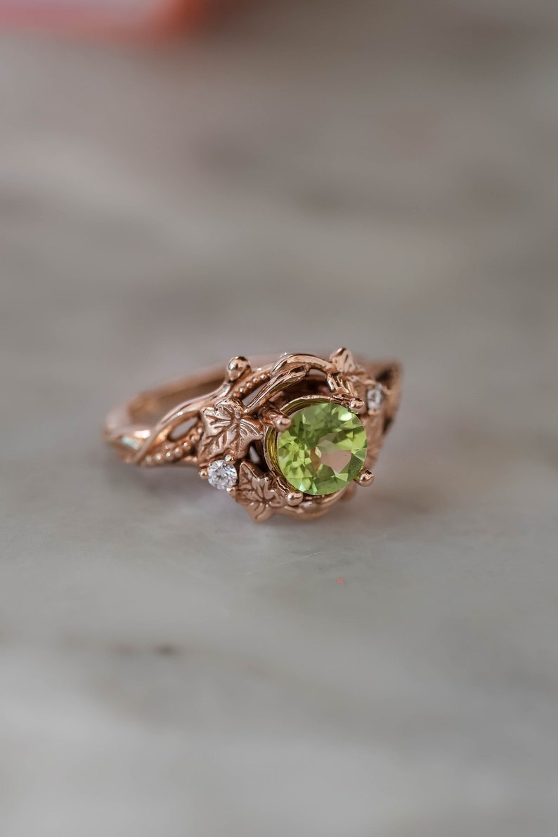 Ivy leaves engagement ring, peridot ring, nature inspired ring, gold leaf ring, elvish ring, peridot diamonds ring, fantasy engagement ring image 2