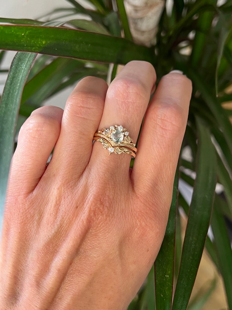 Ivy Leaf Green Moss Agate Ring Set, Leafy Elvish Engagement Ring & Matching Leaves Wedding Band with Diamond, 2pcs Bridal set 14K / 18k Gold image 5