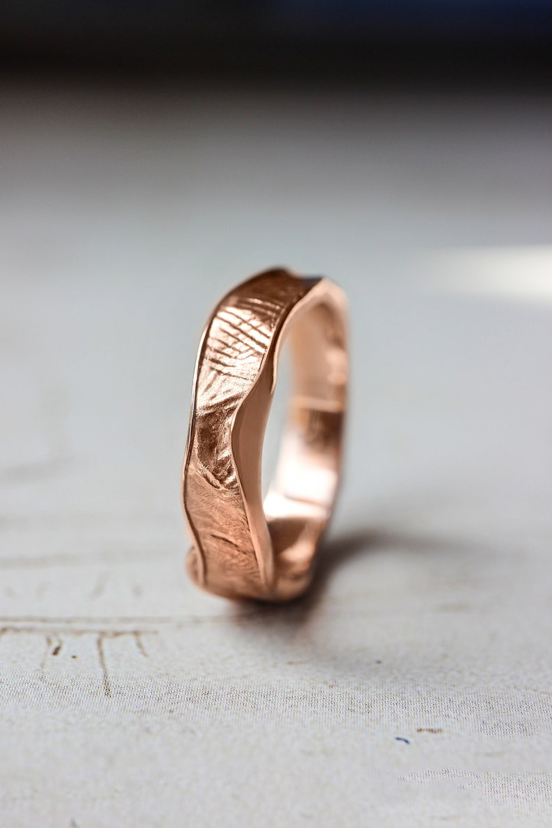 READY TO SHIP, Size 5 Us, Textured wedding band for woman, unisex rose gold wedding ring, rustic ring, 4 mm wide ring, unique ring image 1