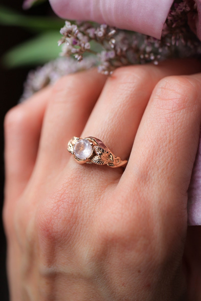 Rose quartz engagement ring, solid gold ring, leaves ring, ring for woman, unique ring, rose gold wedding band, romantic ring, nature ring image 5