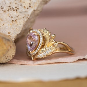 Genuine Pink Sapphire Engagement ring with Diamond Halo, Nature Inspired Ring, Gold Leaves Ring, Fantasy Engagement Ring, 14K 18K Gold image 9