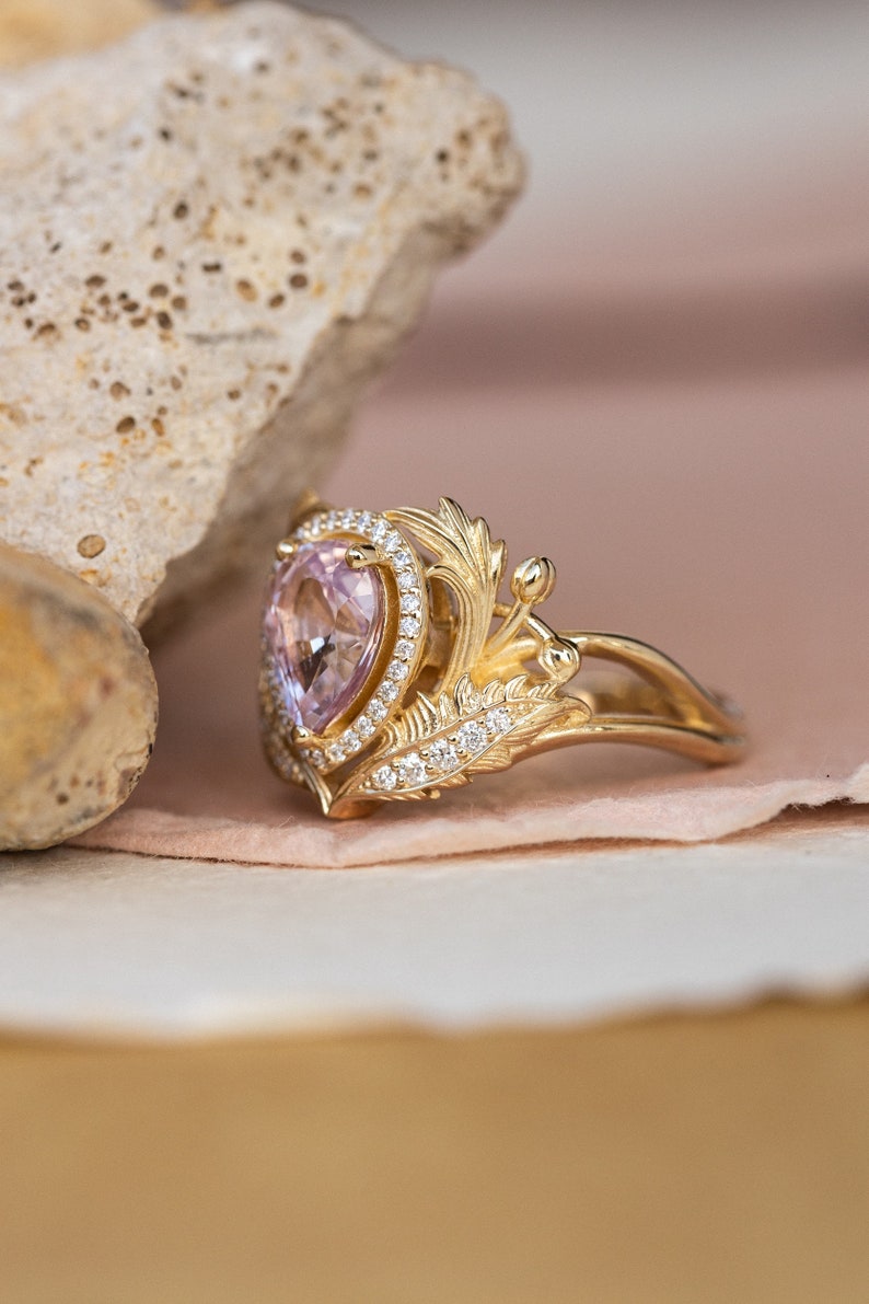 Genuine Pink Sapphire Engagement ring with Diamond Halo, Nature Inspired Ring, Gold Leaves Ring, Fantasy Engagement Ring, 14K 18K Gold image 9