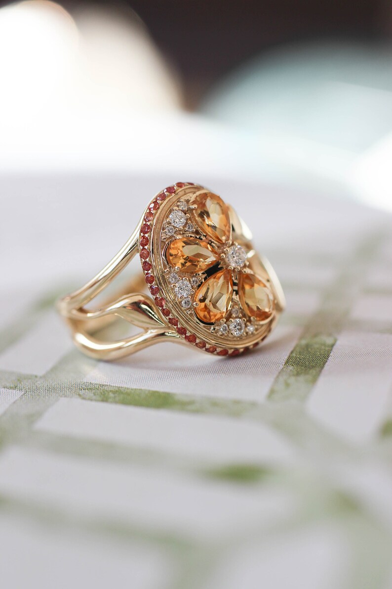 Orange Fruit Ring Solid Gold Ring With Diamonds Sapphire and Etsy