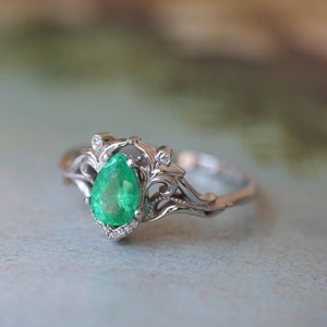 Natural emerald and diamonds ring, unique engagement ring, vintage wedding, leaves ring, moissanite ring, art nouveau ring, ring for woman image 8