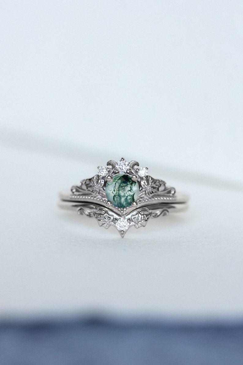 Ivy Leaf Green Moss Agate Ring Set, Leafy Elvish Engagement Ring & Matching Leaves Wedding Band with Diamond, 2pcs Bridal set 14K / 18k Gold image 6