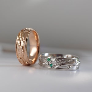 rose and white gold two wedding rings nature inspired rings with leaves