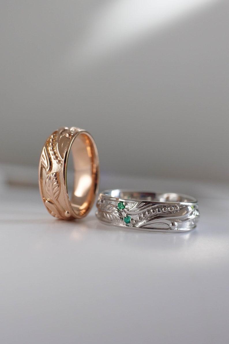 rose and white gold two wedding rings nature inspired rings with leaves