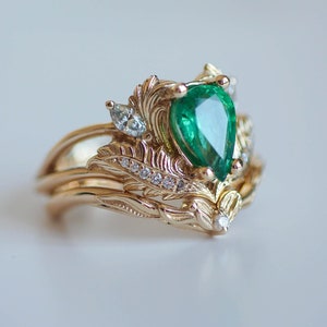 Elven Forest Green Emerald Ring and Curved Diamond Wedding Band Engagement Ring Set, Unique Nature Inspired Leaf Rings in 14k or 18k Gold image 10