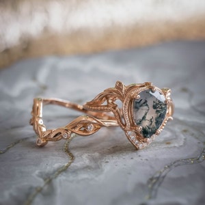 Pear cut Natural Moss agate Ring Set, Alternative Elvish Engagement Rings, Twig Engagement Ring & Wedding Ring Enhancer, 14K or 18k Gold image 5