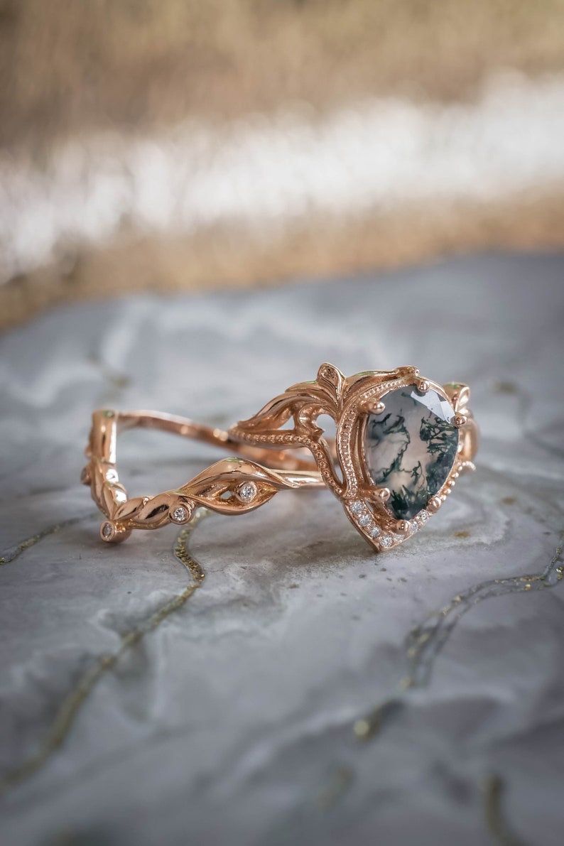 Pear cut Natural Moss agate Ring Set, Alternative Elvish Engagement Rings, Twig Engagement Ring & Wedding Ring Enhancer, 14K or 18k Gold image 5