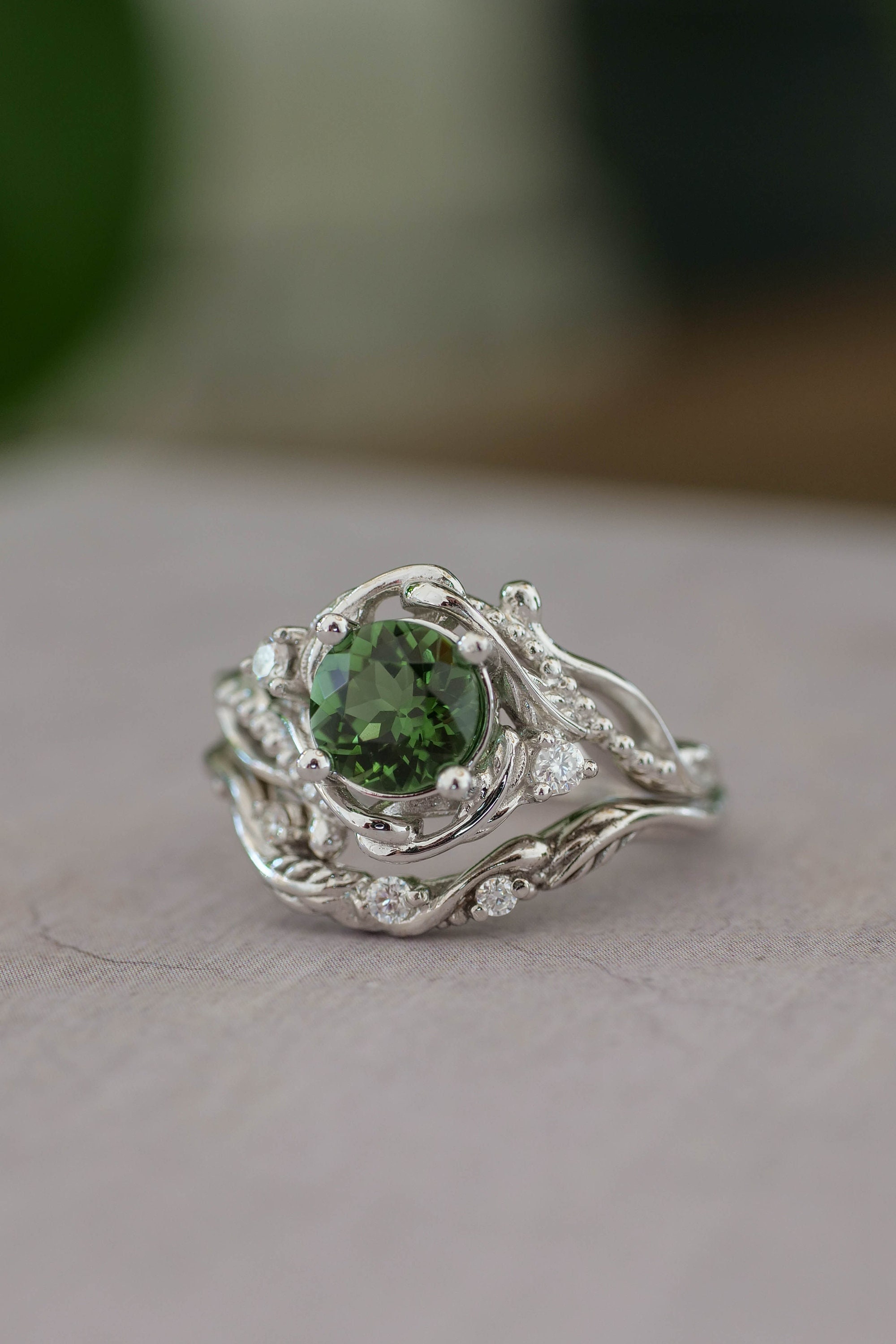 Ethical Engagement Ring Set Branch Ring Green Tourmaline Ring