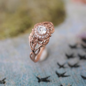 Leaf engagement ring with diamond halo, natural diamond ring, white gold band, nature ring, leaves ring, branch engagement ring, for woman image 10