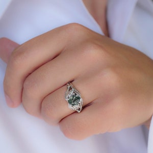 Natural Moss Agate Ring 14K or 18k Gold, Elvish Leaves Engagement Ring, Forest Green Gemstone Ring, Unique Promise Ring for Women image 5