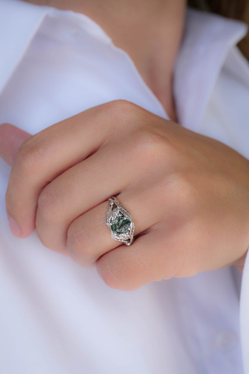 Natural Moss Agate Ring 14K or 18k Gold, Elvish Leaves Engagement Ring, Forest Green Gemstone Ring, Unique Promise Ring for Women image 5