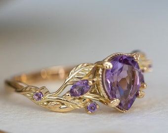 Amethyst Engagement ring with Gold Vines and Leaves, Nature inspired Amethysts Ring for Elven engagement, 14k or 18k Gold, Pear cut Gem Ring