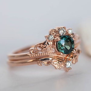 0.5 Carat Teal Sapphire Bridal Ring Set, Rose gold Ivy Leaves and Diamonds Engagement, Fairy Bridal Sapphire Rings in 14K or 18K Gold