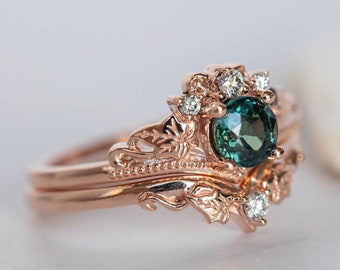 READY TO SHIP: Size 7 Us, 0.5 Carat Teal Sapphire Bridal Ring Set, Rose gold Ivy Leaves and Diamonds Engagement, Fairy Bridal Sapphire Rings