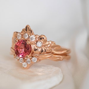 Pink Tourmaline Engagement Ring, Nature inspired Diamond Crown ring, 14k or 18k Rose Gold Nature Ring for Ethical Engagement image 9