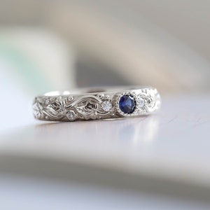 Elven Wedding Band with Leaves and Diamonds Comfort Fit Ring, Ivy Leaf Ring, Genuine Blue Sapphire Ring for Women, 14k or 18k Gold image 7