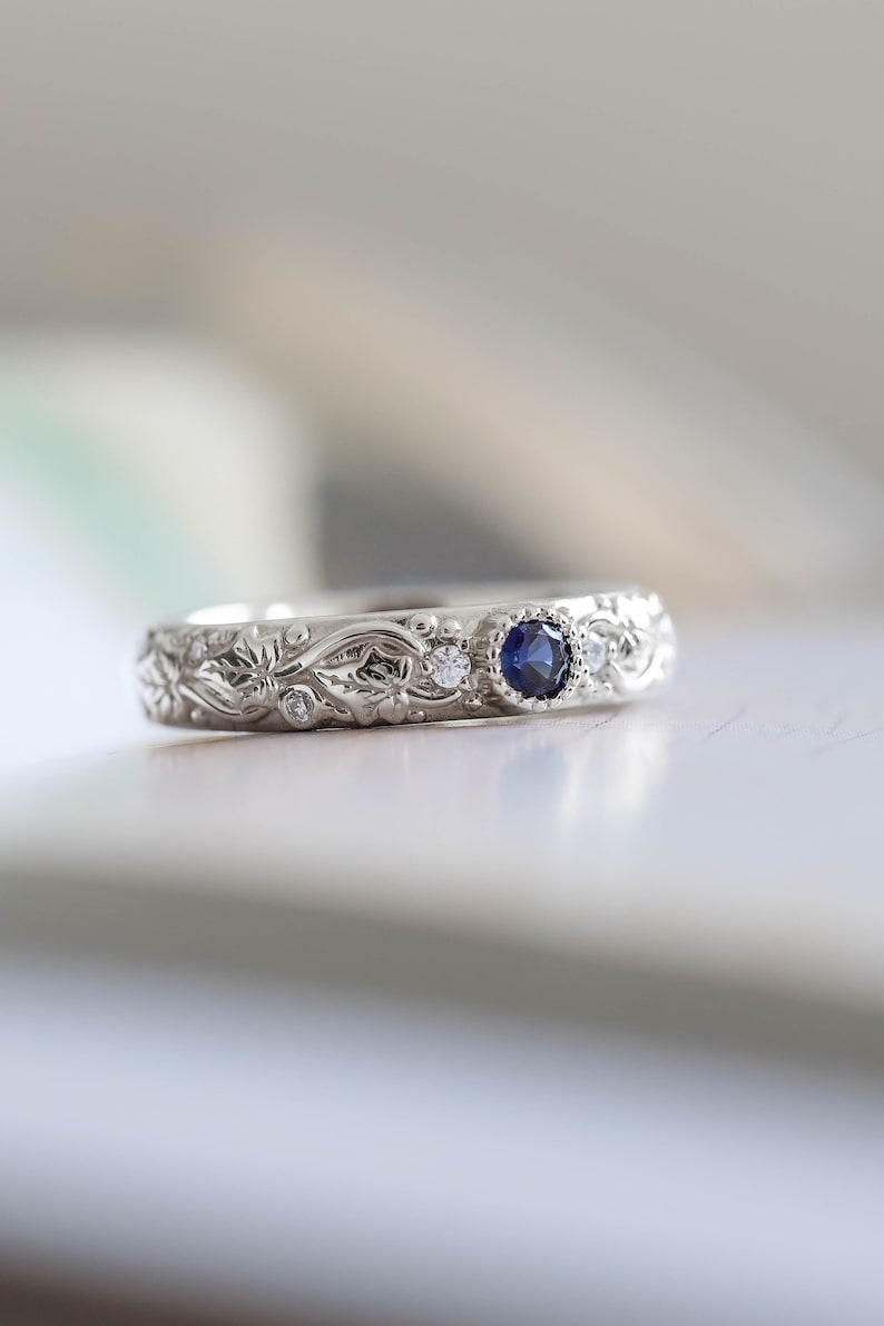 Elven Wedding Band with Leaves and Diamonds Comfort Fit Ring, Ivy Leaf Ring, Genuine Blue Sapphire Ring for Women, 14k or 18k Gold image 7