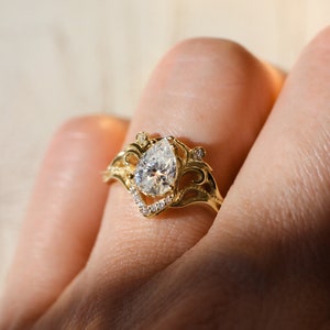 Teardrop White Sapphire Vintage inspired Engagement Ring, Elvish Engagement ring with Pear shaped White sapphire in 14K or 18K Solid Gold image 7