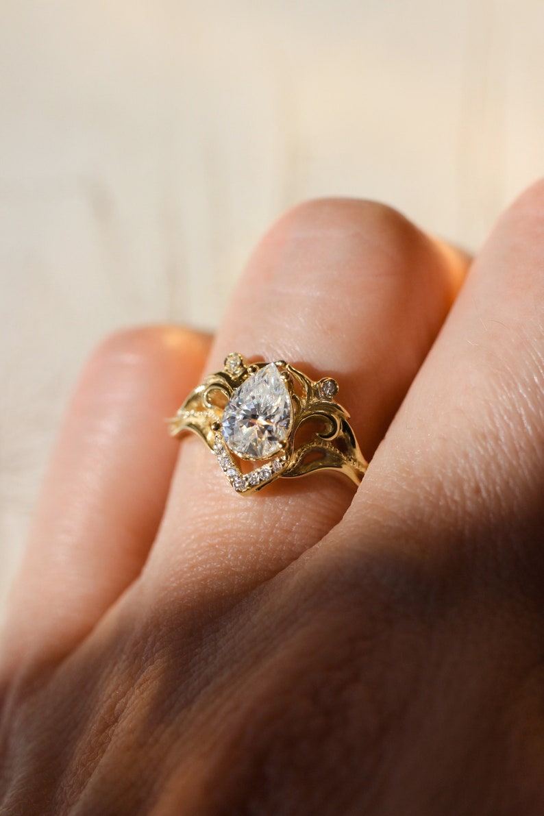 Teardrop White Sapphire Vintage inspired Engagement Ring, Elvish Engagement ring with Pear shaped White sapphire in 14K or 18K Solid Gold image 7