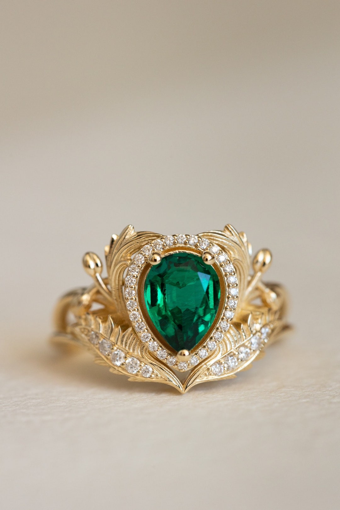 1 Carat Lab Emerald Engagement Ring With Diamond Halo, Nature Inspired