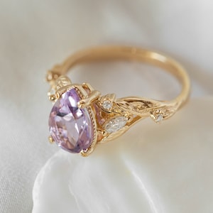 Large Amethyst Engagement Ring with Marquise Diamonds Leaves, Nature inspired Ring for Bride, Unusual Lavender Amethyst Ring 14k or 18k Gold image 3