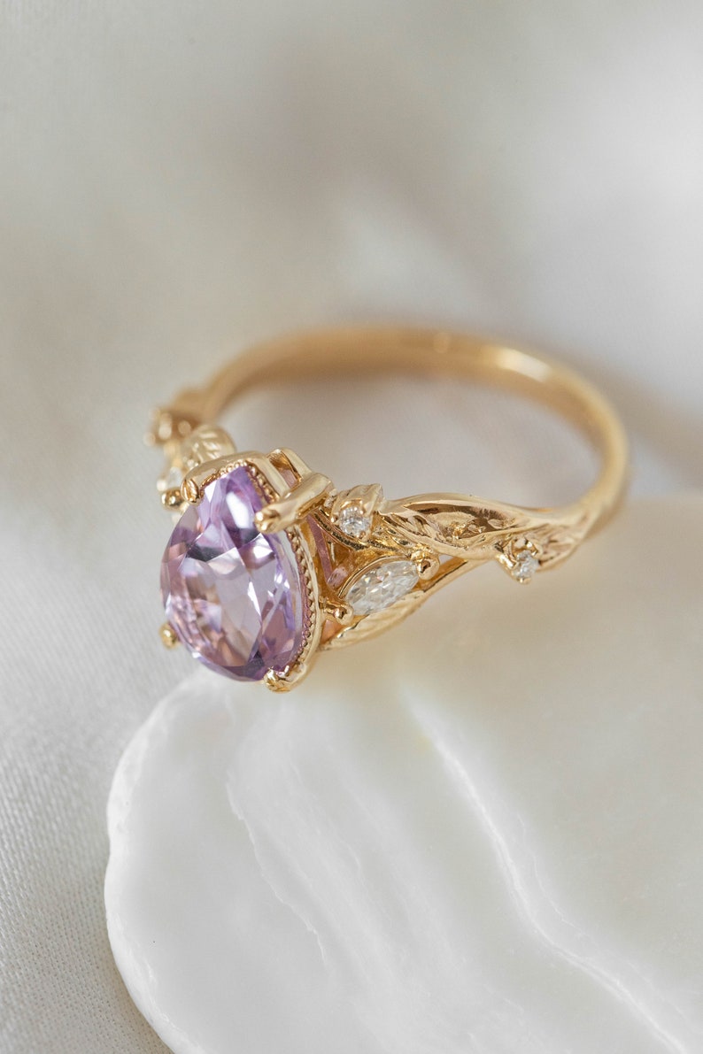 Large Amethyst Engagement Ring with Marquise Diamonds Leaves, Nature inspired Ring for Bride, Unusual Lavender Amethyst Ring 14k or 18k Gold image 3