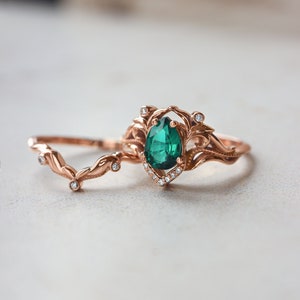 Lab emerald and moissanite ring, unique engagement ring, pear cut ring, leaves ring, emerald engagement, art nouveau ring, ring for woman image 4