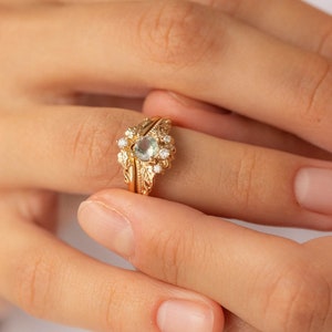 Ivy Leaf Green Moss Agate Ring Set, Leafy Elvish Engagement Ring & Matching Leaves Wedding Band with Diamond, 2pcs Bridal set 14K / 18k Gold image 7