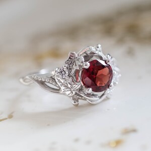 Nature Engagement Ring -  Ivy leaves Natural Garnet Ring inspired by Nature, Unique Leaf Ring for Her in 14k or 18k Solid Gold