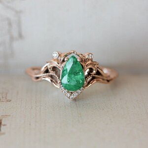 Natural emerald and diamonds ring, unique engagement ring, vintage wedding, leaves ring, moissanite ring, art nouveau ring, ring for woman image 4