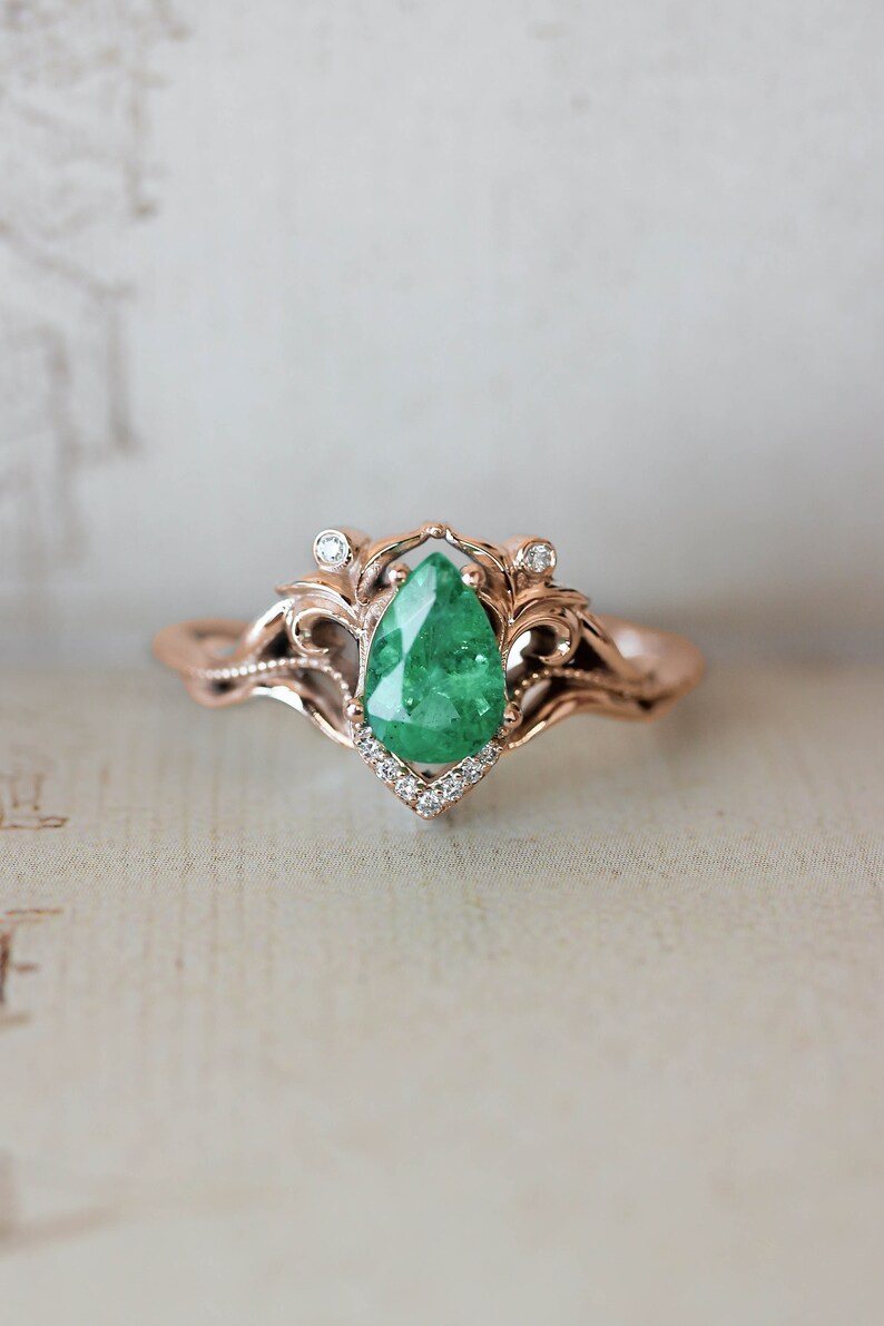 Natural emerald and diamonds ring, unique engagement ring, vintage wedding, leaves ring, moissanite ring, art nouveau ring, ring for woman image 4