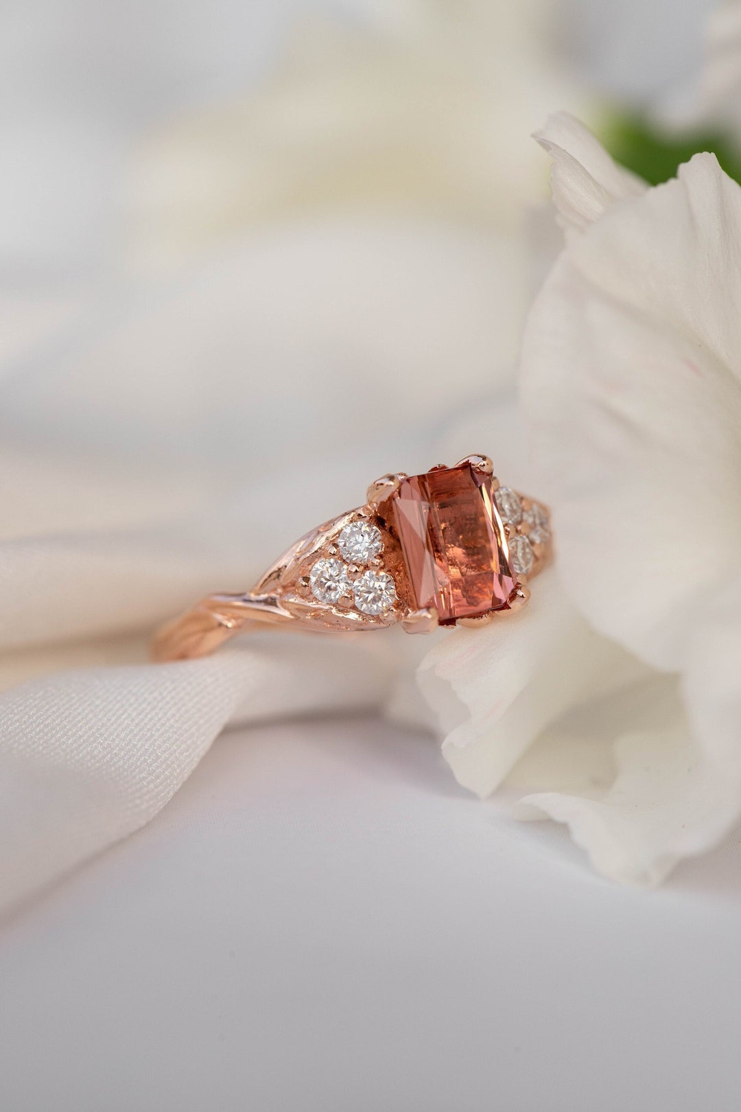Pink Tourmaline and Diamonds Engagement Ring Nature Inspired Etsy