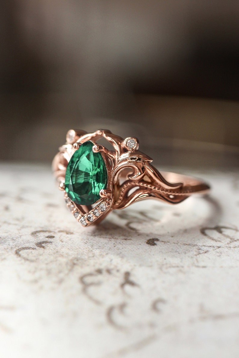 Lab emerald and moissanite ring, unique engagement ring, pear cut ring, leaves ring, emerald engagement, art nouveau ring, ring for woman image 1