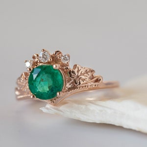 1 Carat Emerald Bridal Ring Set, Rose gold Ivy Leaves and Diamonds Engagement, Emerald Rings in 14K or 18K Gold, Fairy Bride Gold Rings image 6