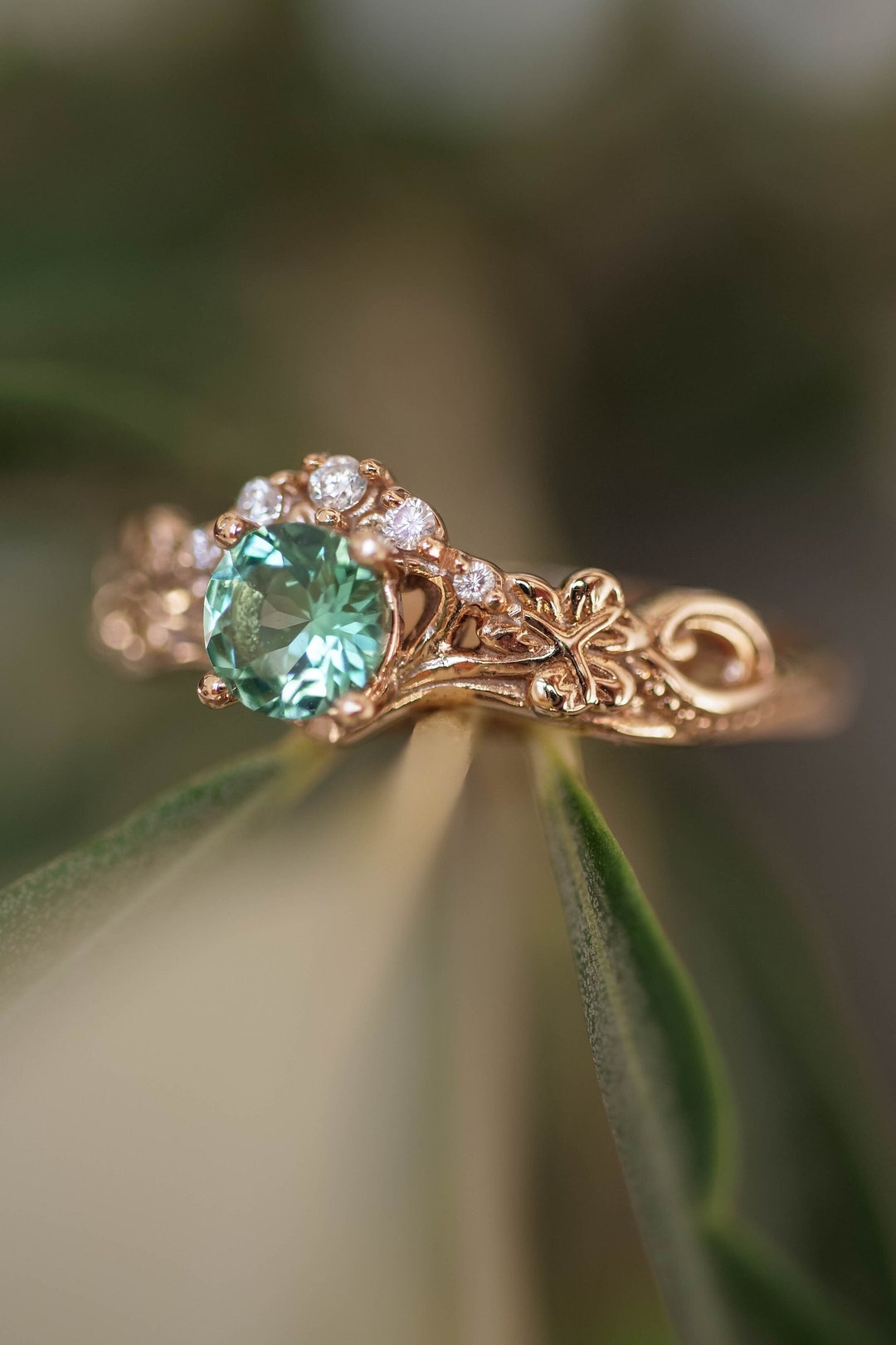 Mint Tourmaline Engagement Ring, Rose Gold Leaf Ring, Green Tourmaline